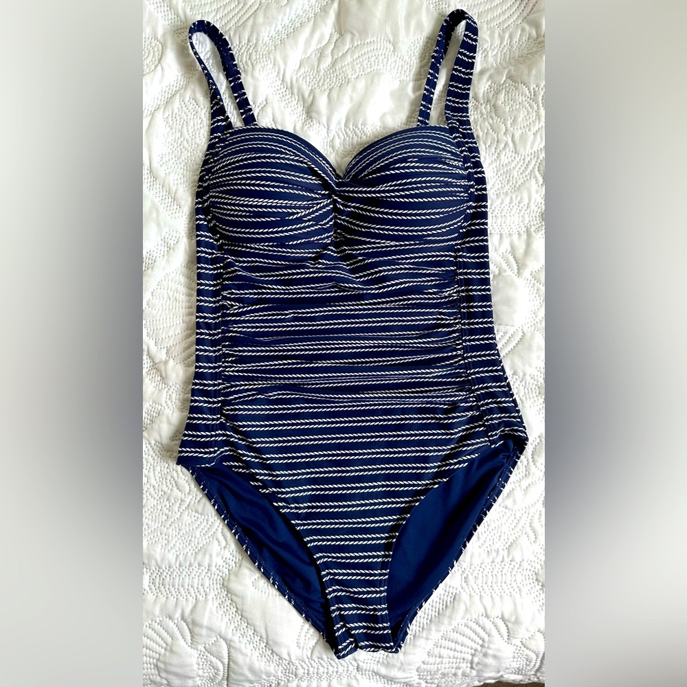 Nip Tuck Bond-eye Striped Nautical Rope One-Piece Navy Blue & White Size…